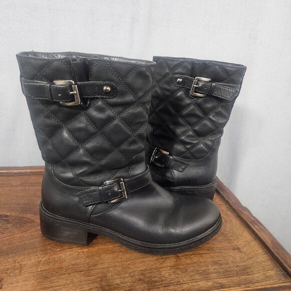 AQUATALIA Sweetie Moto Boots Size 8 Black Leather Made in Italy Quilted Buckles - Picture 1 of 8